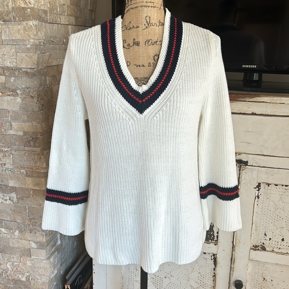 Cabi Ace pullover cream knit vneck sweater bell sleeve red blue stripe side slit - Picture 3 of 16